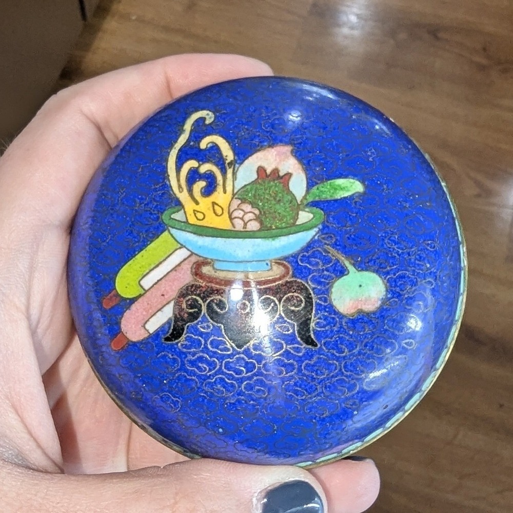 Vintage Cloisonne Enamel Trinket Box Cobalt Blue Chinese Fruit Motif 3"